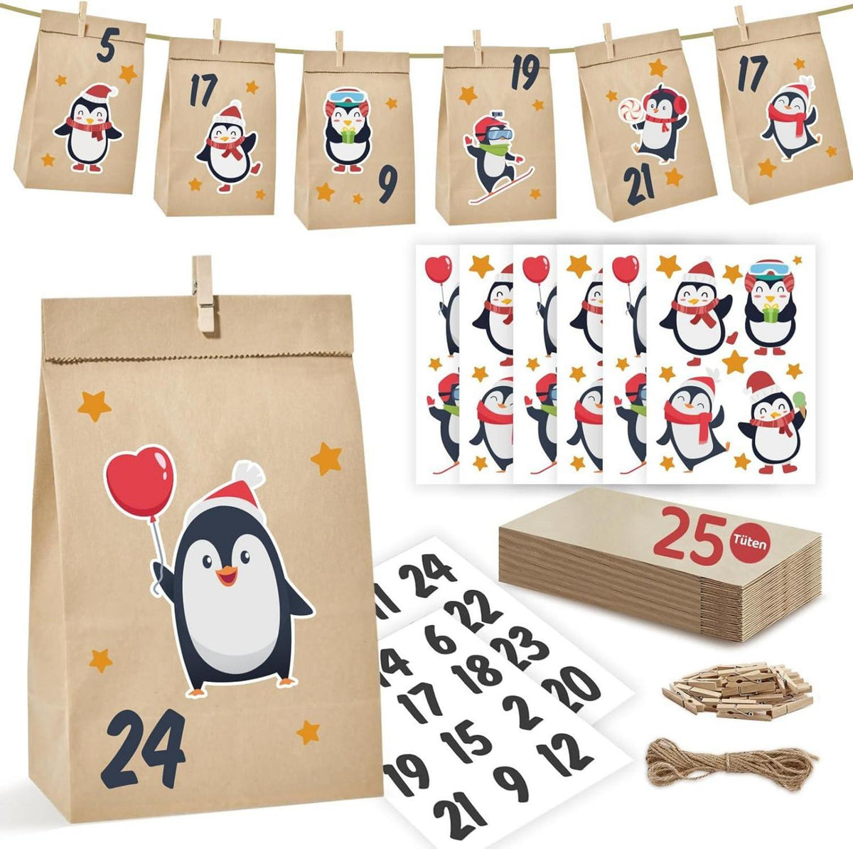 DIY Adventskalender Pinguine Tüten Kraftpapier Weihnachten