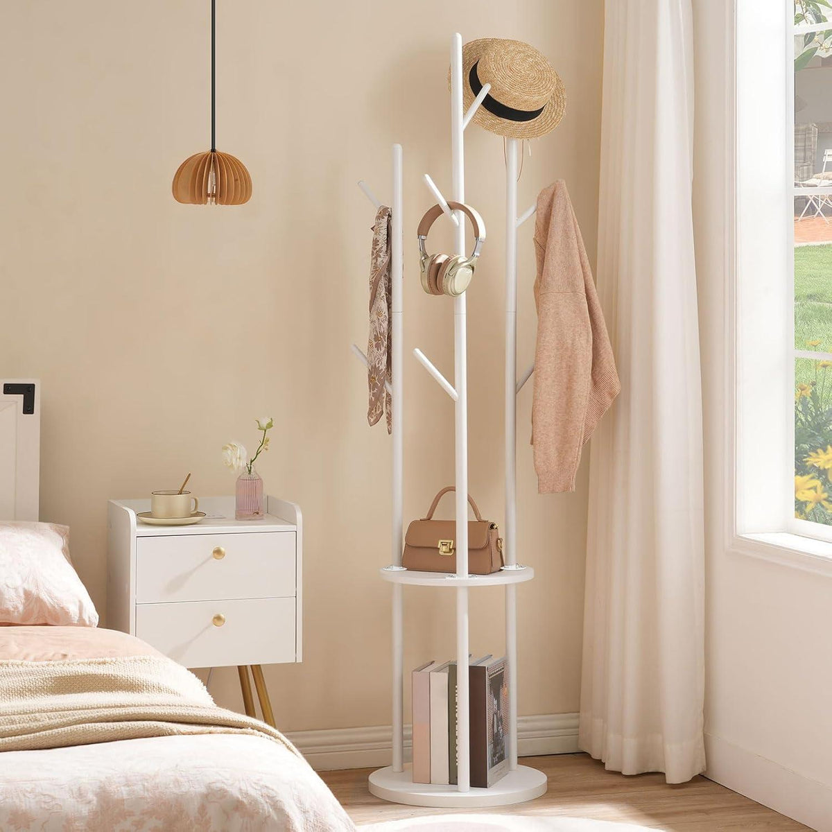 Garderobenständer Baumform mit 8 Haken und 2 Ablagen Weiß
