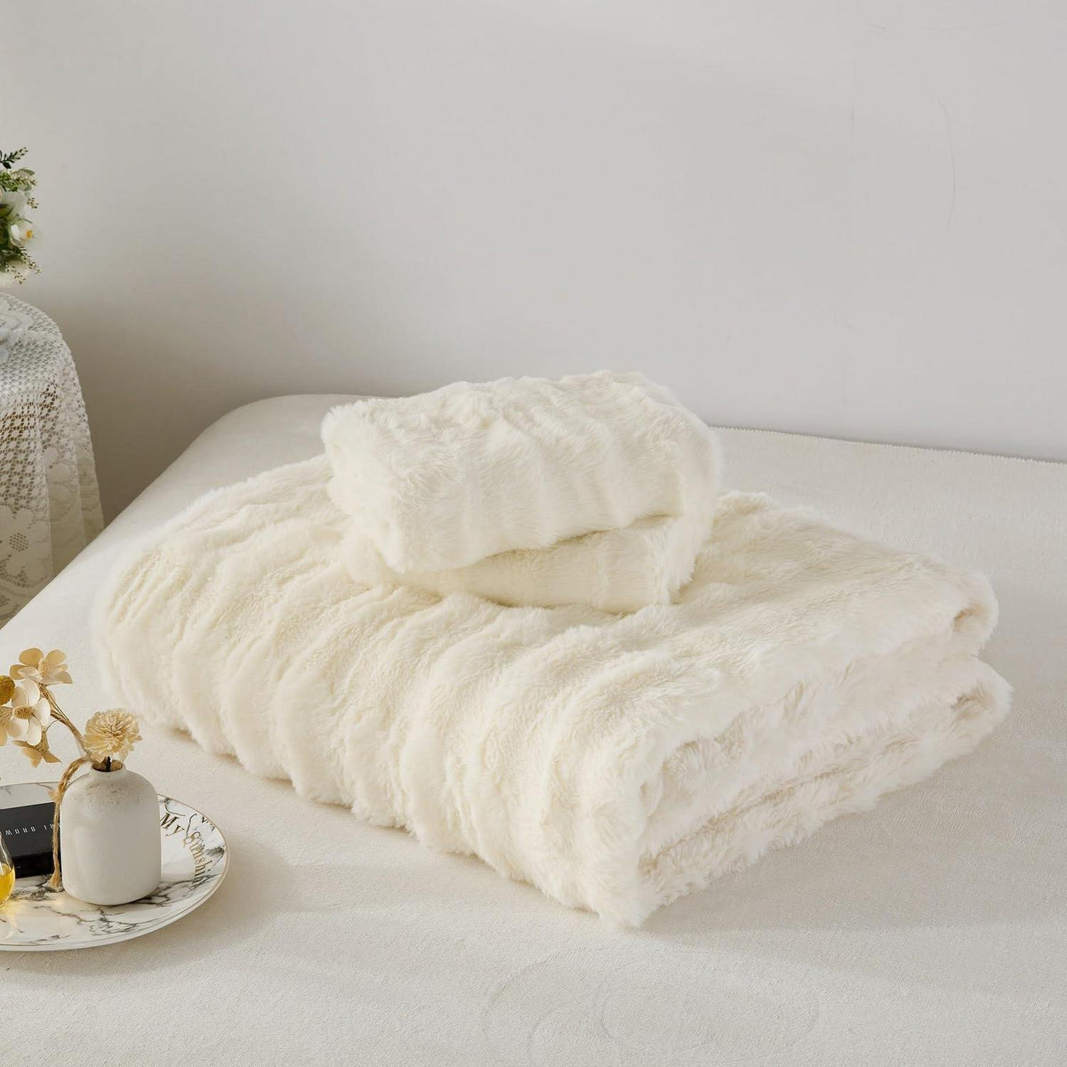 Plüsch Bettwäsche Set 155x220 Creme Weiß, Superweich & Warm