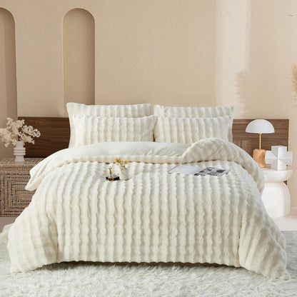 Plüsch Bettwäsche Set 220x240 - Warm & Flauschig Creme Weiß