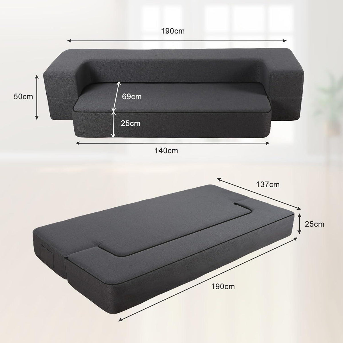 Modernes Klappsofa mit Memory-Schaum & Schlaffunktion – Dunkelgrau