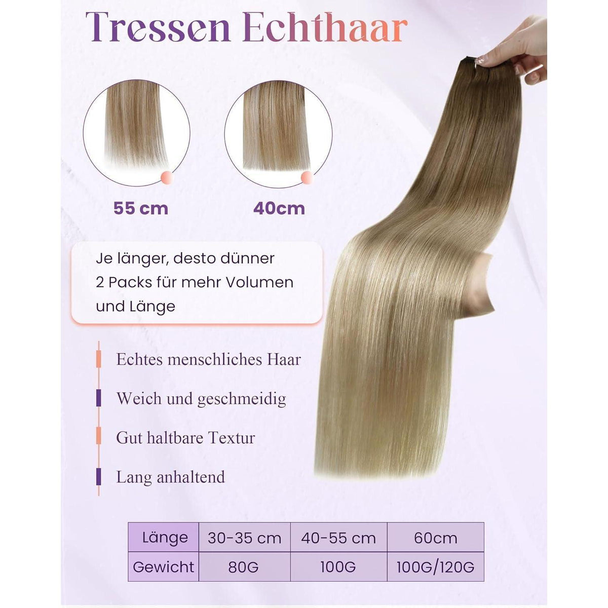 Echthaar Tressen Balayage Braun Ombre Aschblond 40cm