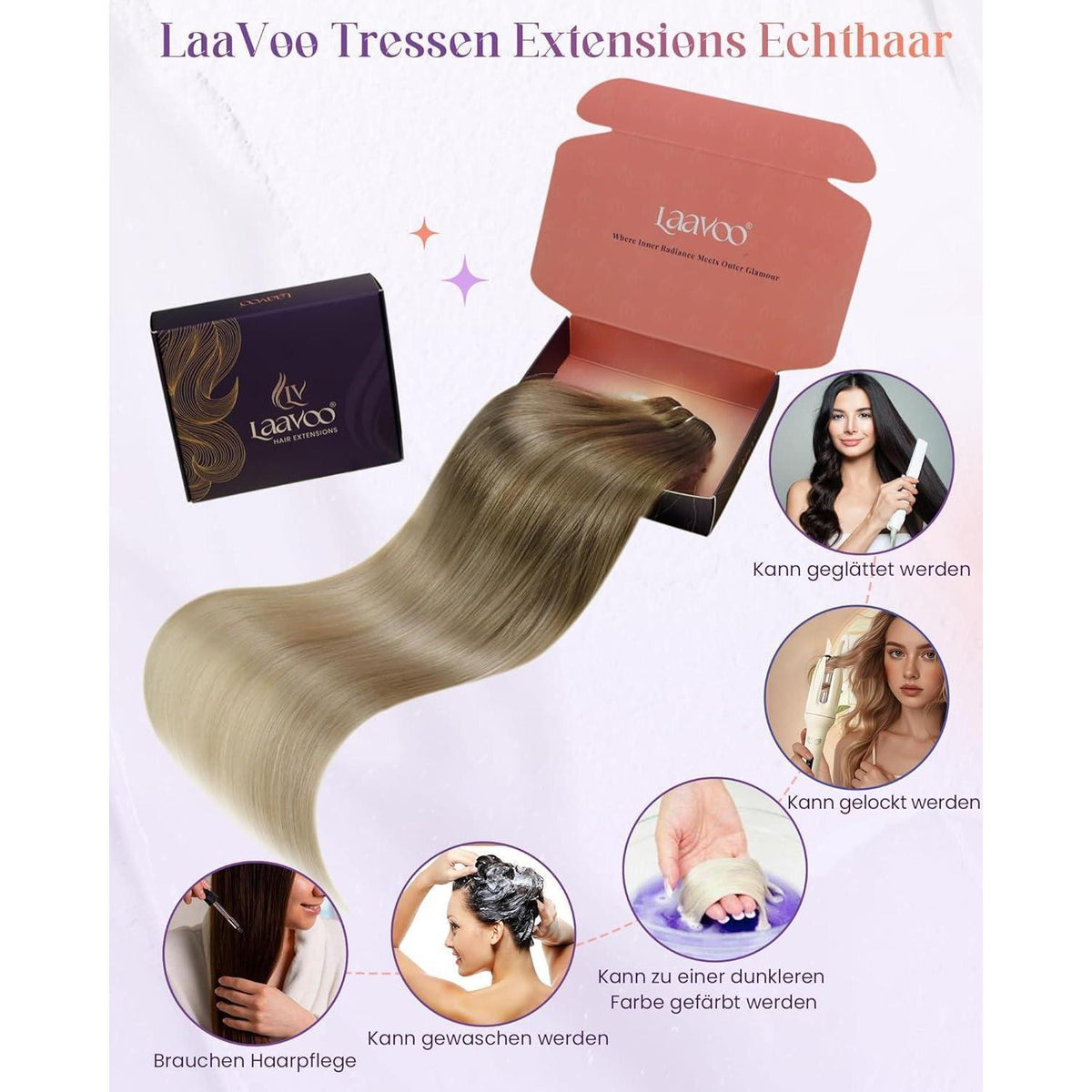 Echthaar Tressen Balayage Braun Ombre Aschblond 40cm