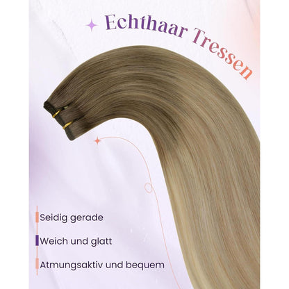 Echthaar Tressen Balayage Braun Ombre Aschblond 40cm
