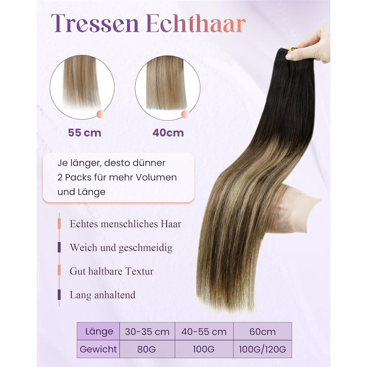 Echthaar Tressen Blayage Schwarz Ombre 55cm - 100g #1b/4/27