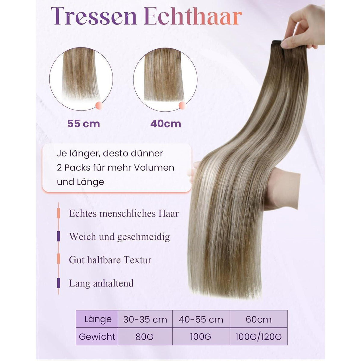 Echthaar Tressen Braun Balayage mit Platinblond 50cm