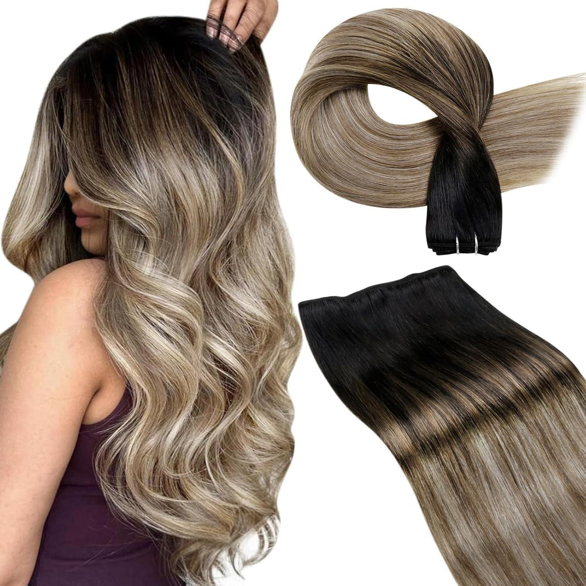 Echthaar Tressen Ombre Schwarz-Karamellblond 55cm 100g