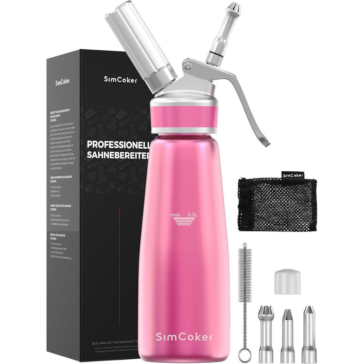 Sahnespender 500ml Aluminium mit 3 Tüllen & Bürste, Rosa