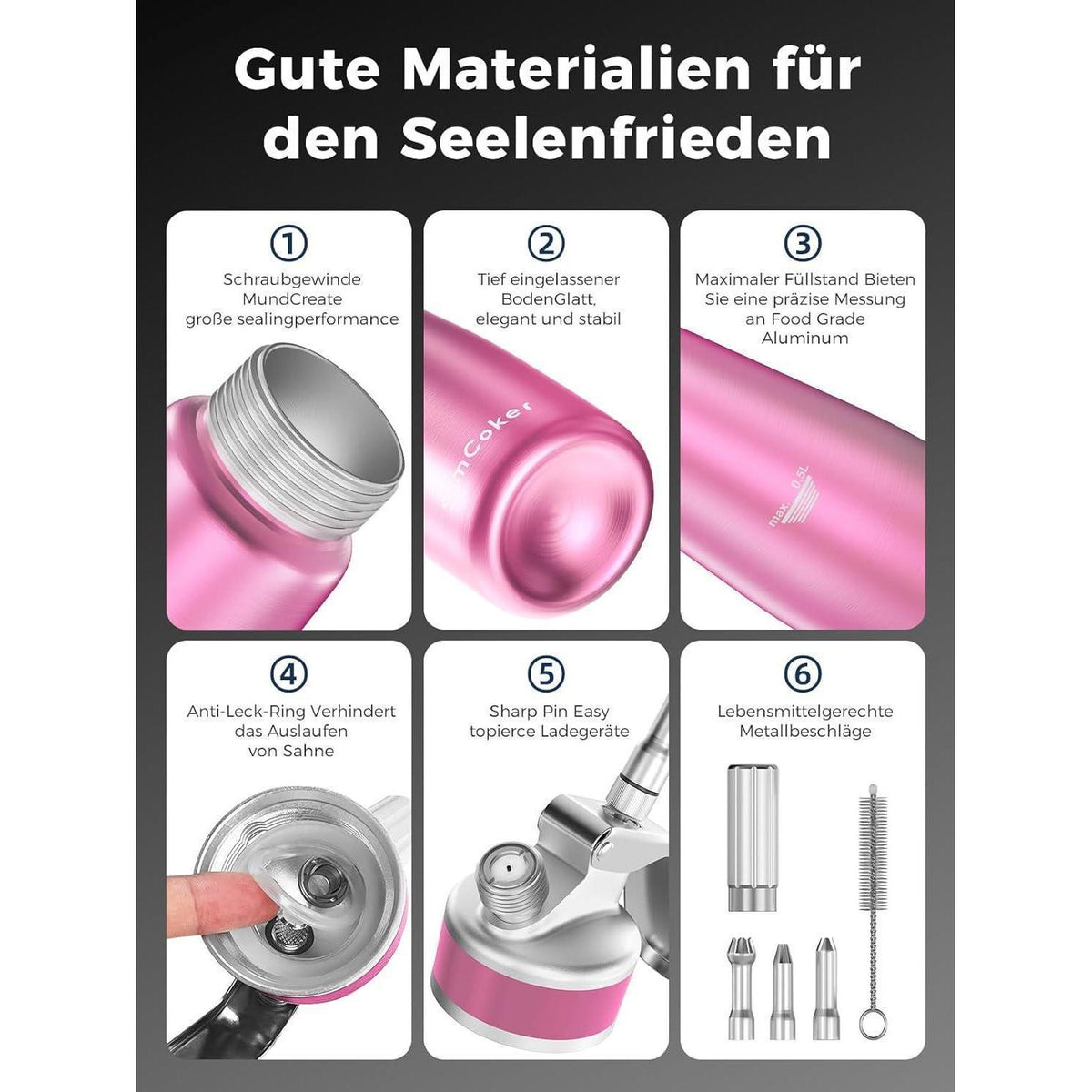 Sahnespender 500ml Aluminium mit 3 Tüllen & Bürste, Rosa