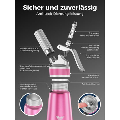 Sahnespender 500ml Aluminium mit 3 Tüllen & Bürste, Rosa