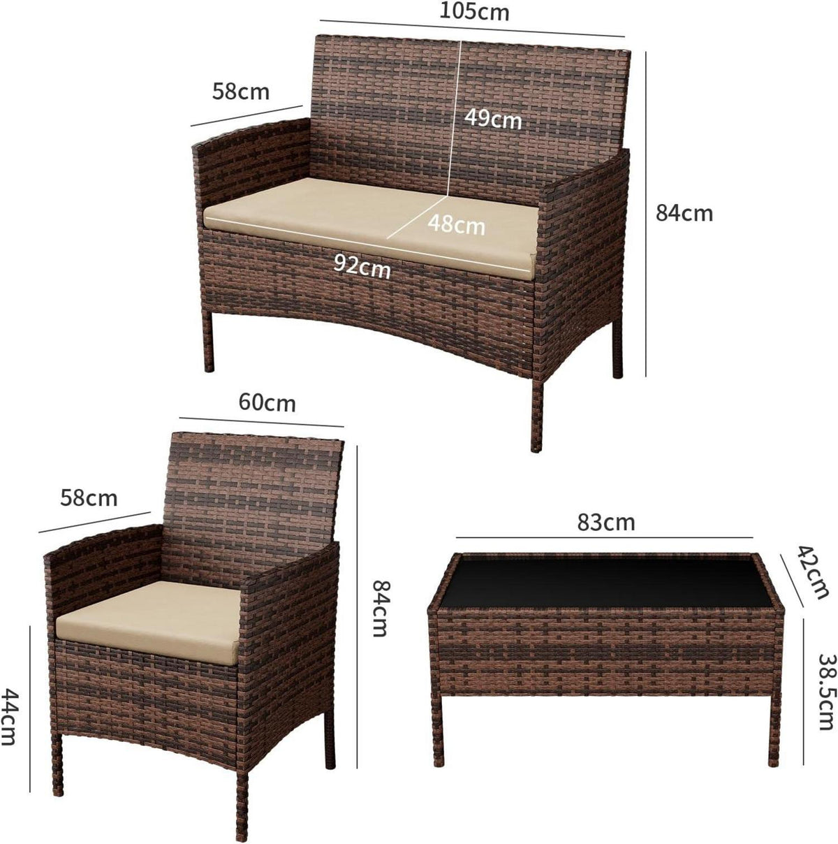 4-teiliges Rattan Gartenmöbel Set VintageBraun