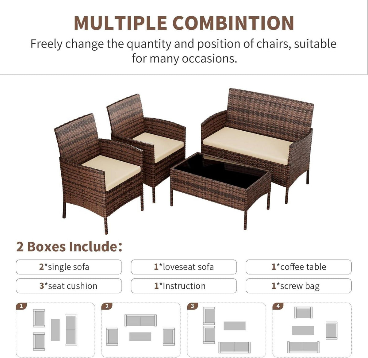Amopatio 4-teiliges Rattan Gartenmöbel Set VintageBraun