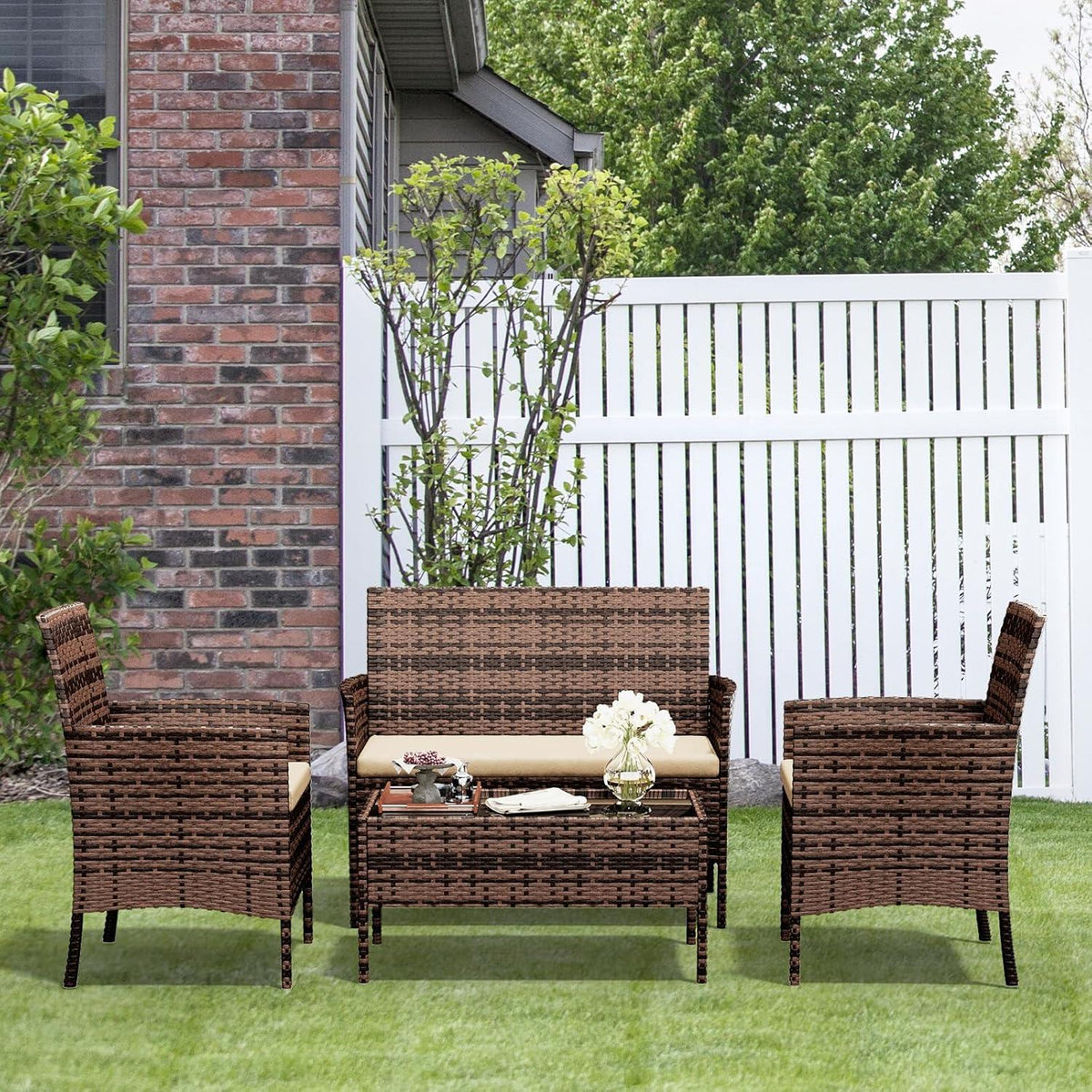 4-teiliges Rattan Gartenmöbel Set VintageBraun