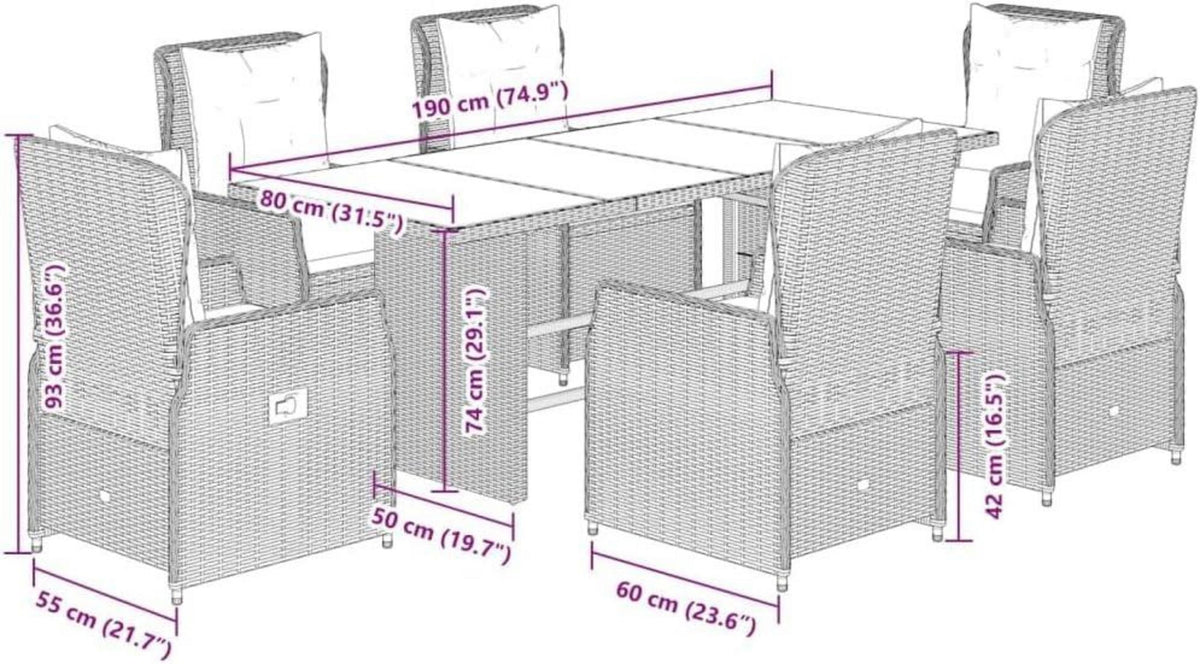 Polyrattan Gartenmöbel Set 6 Personen mit Tisch und Hochlehner Stühlen Grau