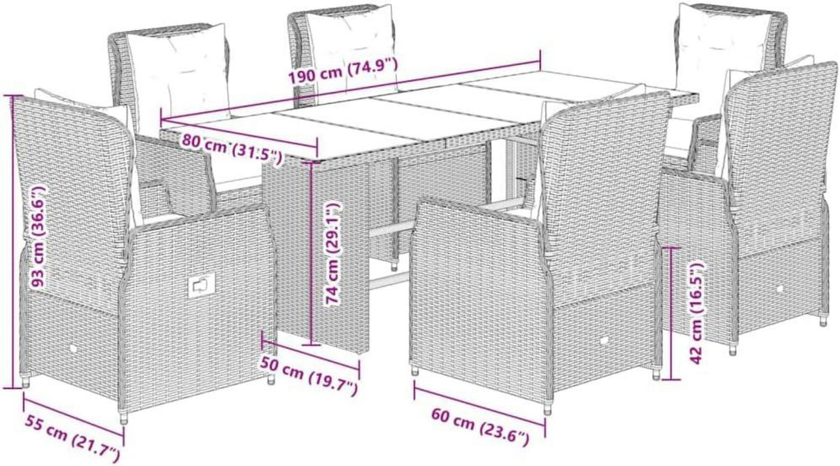 Polyrattan Gartenmöbel Set 6 Personen mit Tisch und 6 Hochlehner Stühlen Grau
