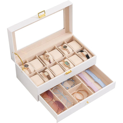 ProCase Uhrenbox 12 Fächer 2 Ebenen Glasdeckel Weiß
