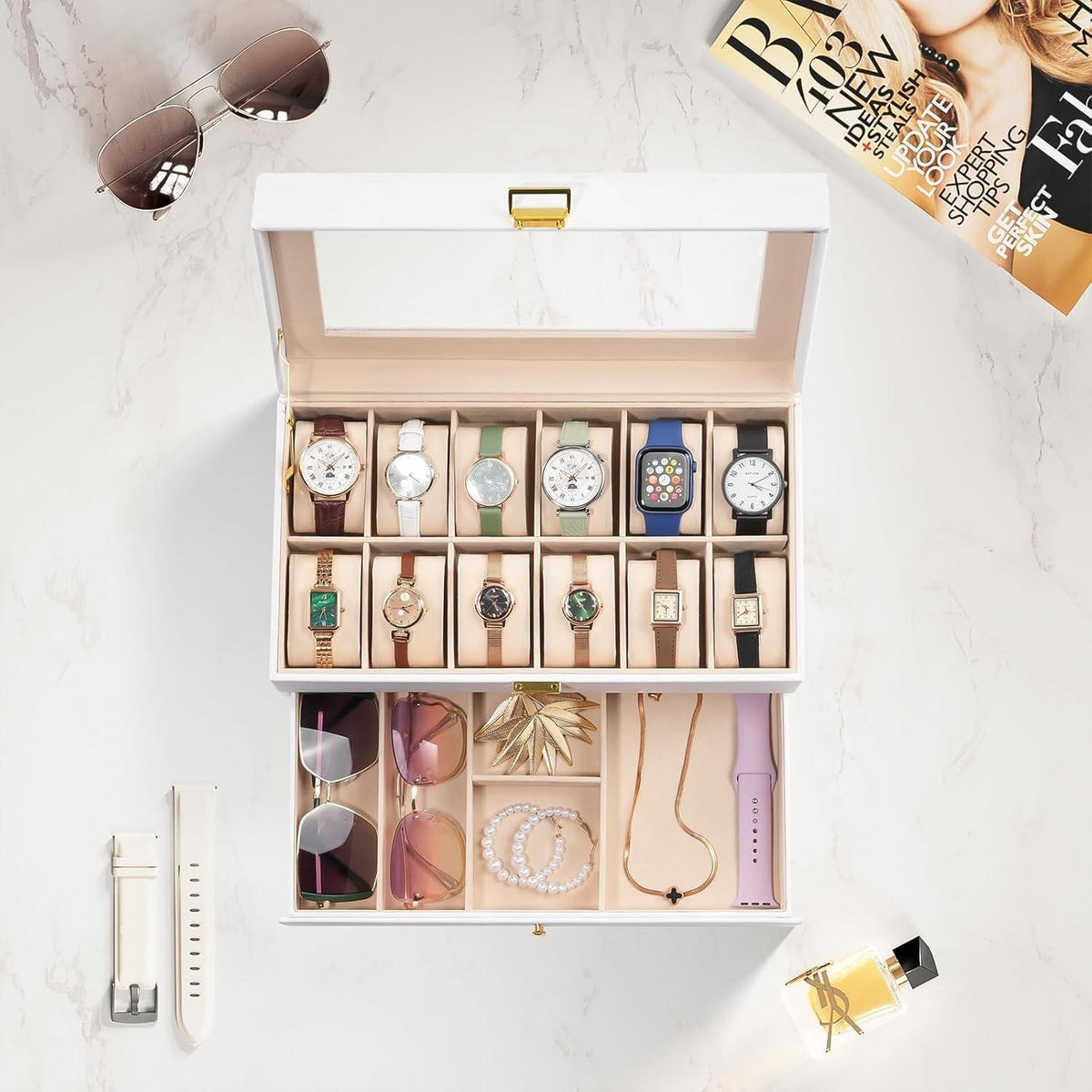 ProCase Uhrenbox 12 Fächer 2 Ebenen Glasdeckel Weiß
