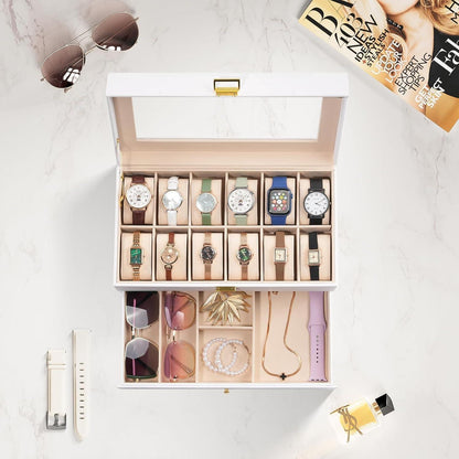 ProCase Uhrenbox 12 Fächer 2 Ebenen Glasdeckel Weiß