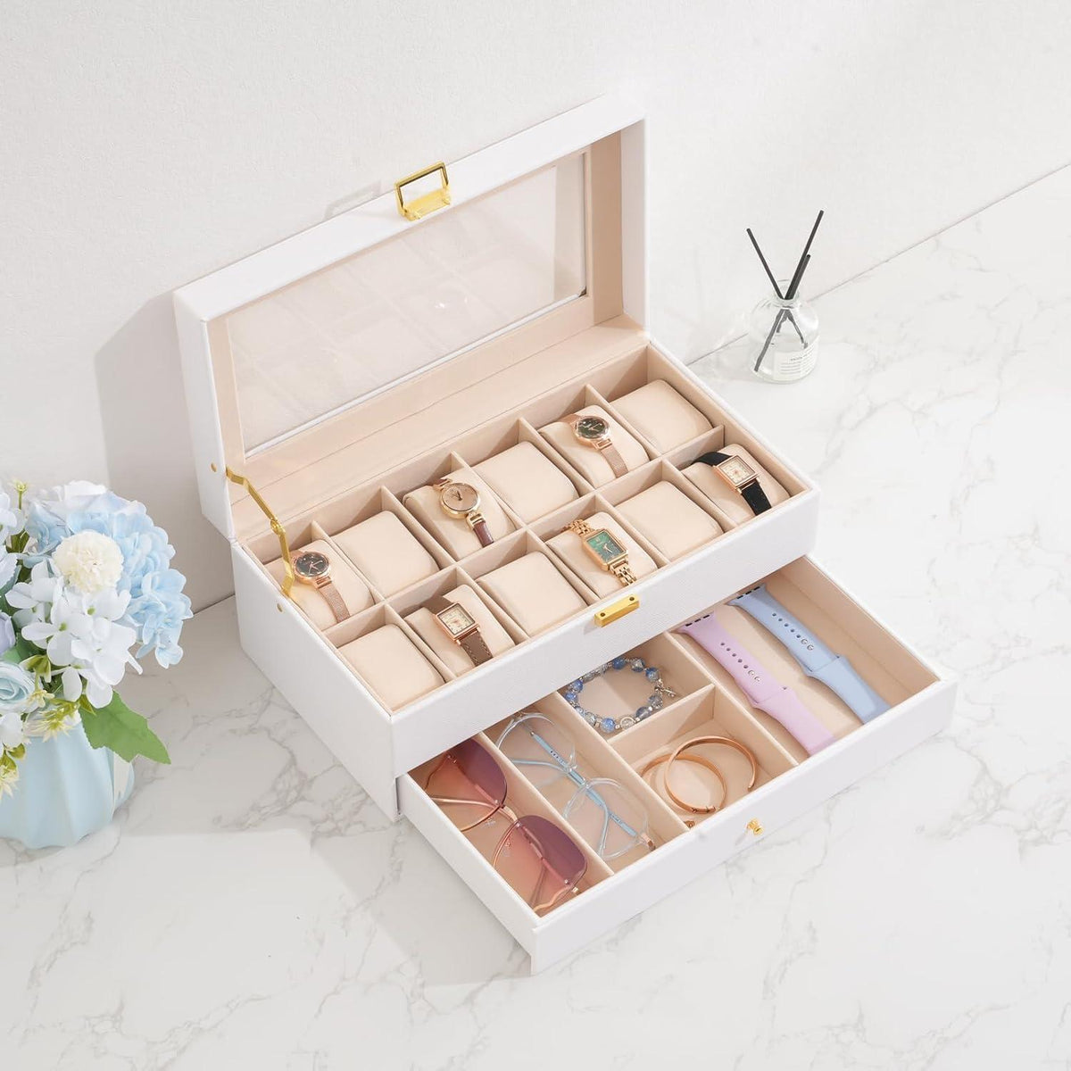 ProCase Uhrenbox 12 Fächer 2 Ebenen Glasdeckel Weiß