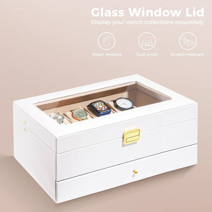 ProCase Uhrenbox 12 Fächer 2 Ebenen Glasdeckel Weiß