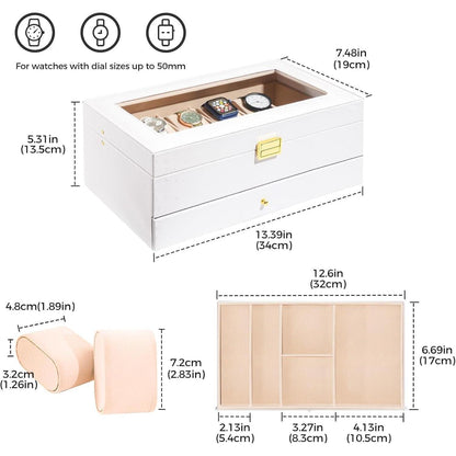 ProCase Uhrenbox 12 Fächer 2 Ebenen Glasdeckel Weiß