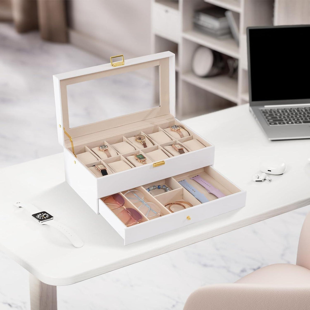 ProCase Uhrenbox 12 Fächer 2 Ebenen Glasdeckel Weiß