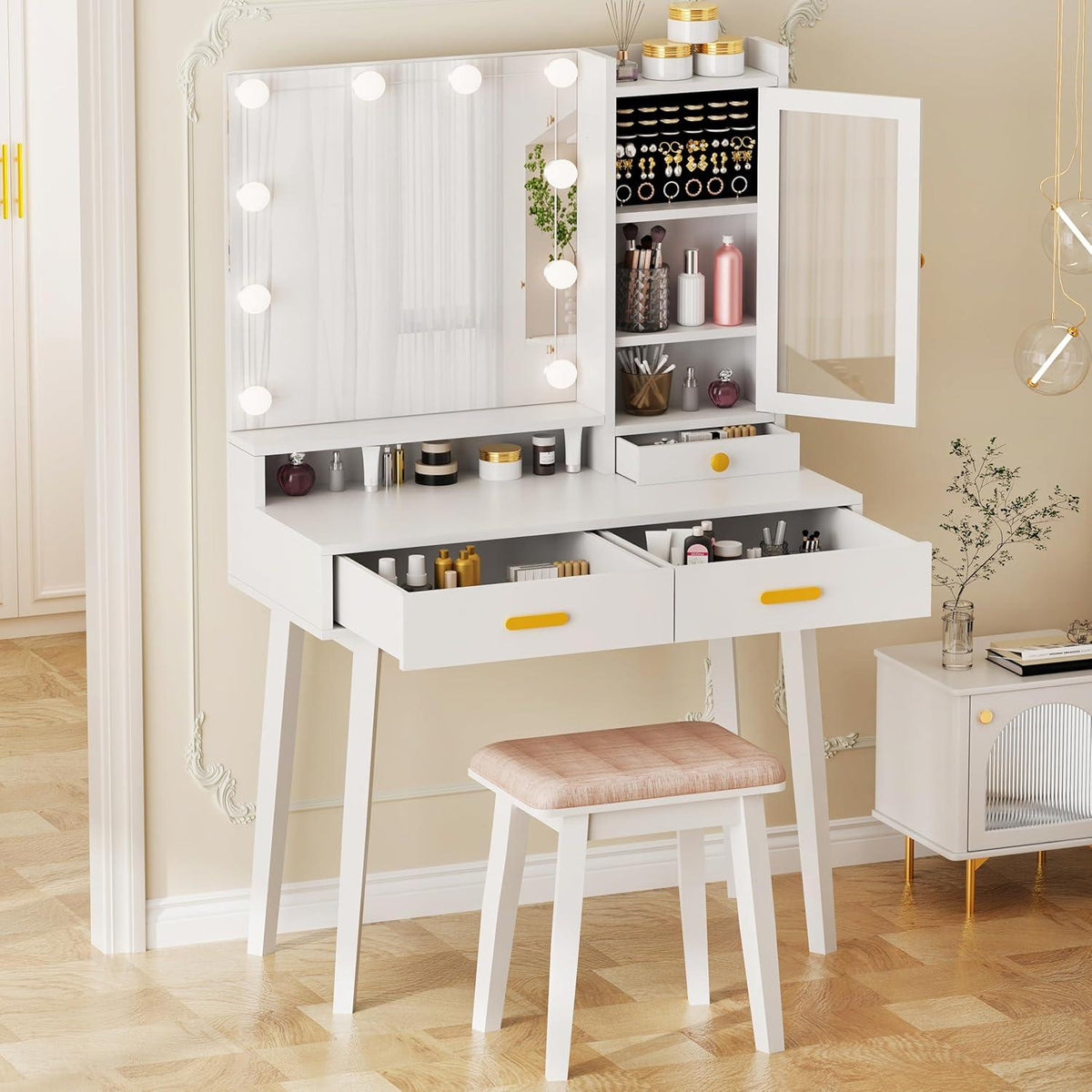 Schminktisch LED Beleuchtung Spiegel Hocker Weiß Makeup Tisch Mädchen Modern