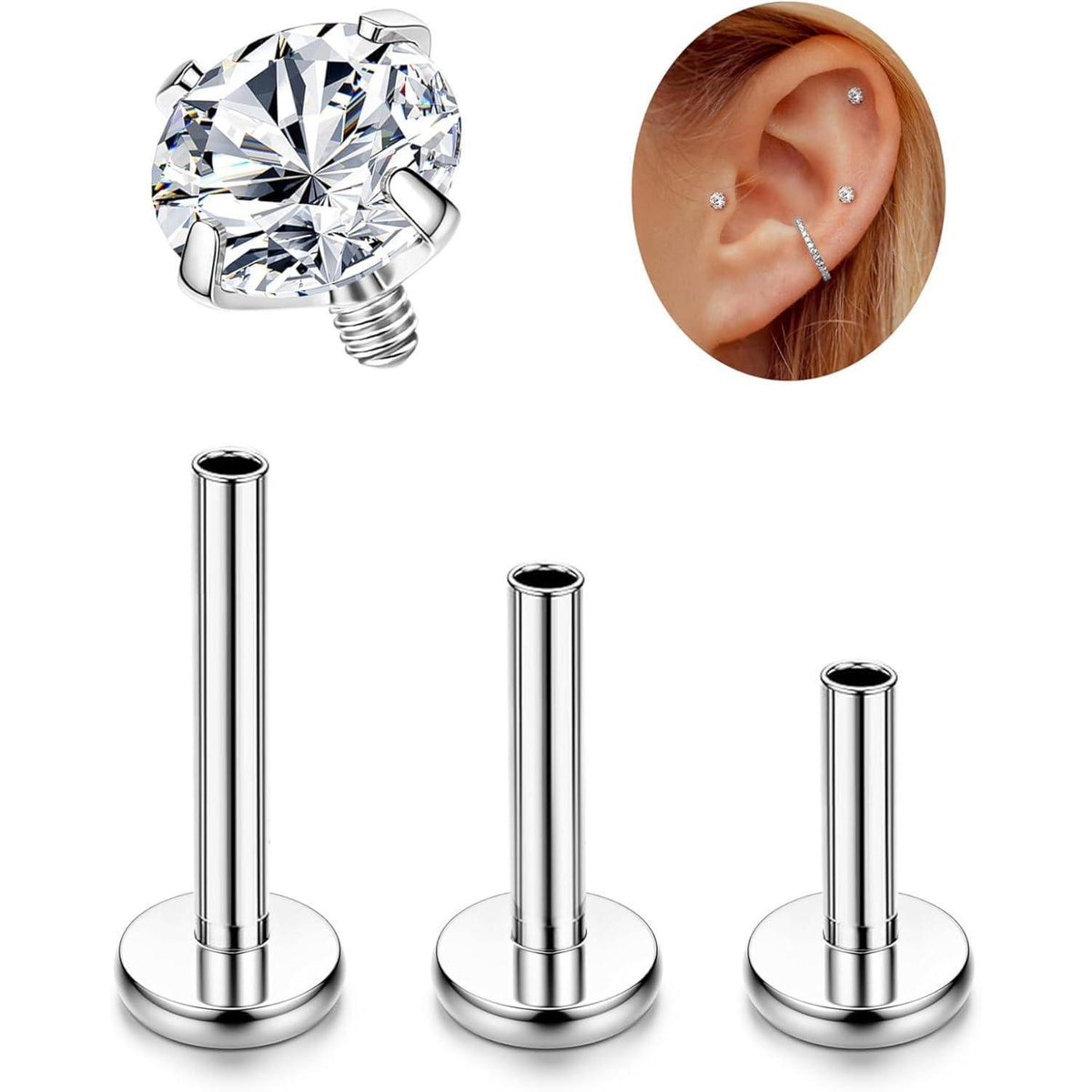 G23 Titan Piercing Set mit Innengewinde, Helix, Tragus, Lippen, Conch