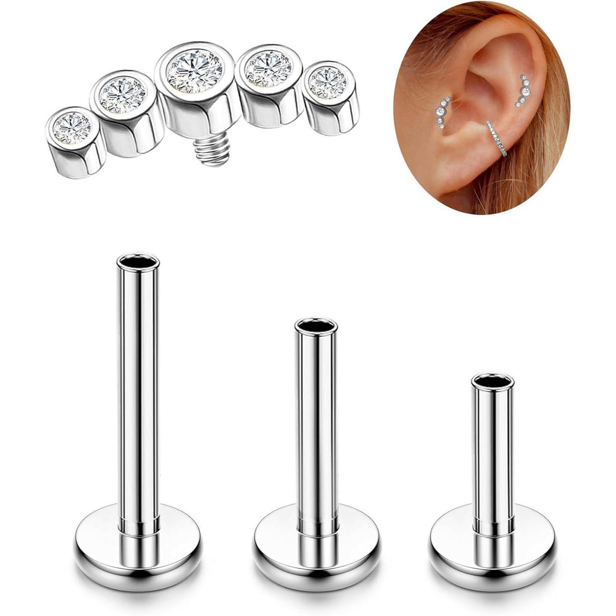 G23 Titan Helix Tragus Labret Piercing Innengewinde 3 Längen 5CZ