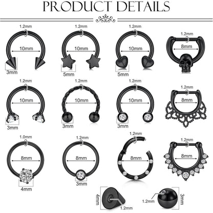 Hufeisen Septum Piercing Ring 16G Edelstahl Schwarz 8/10mm