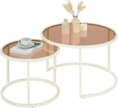 Modernes Glas-Couchtisch Set | Wohnzimmertisch Rund| Weiß/Braun