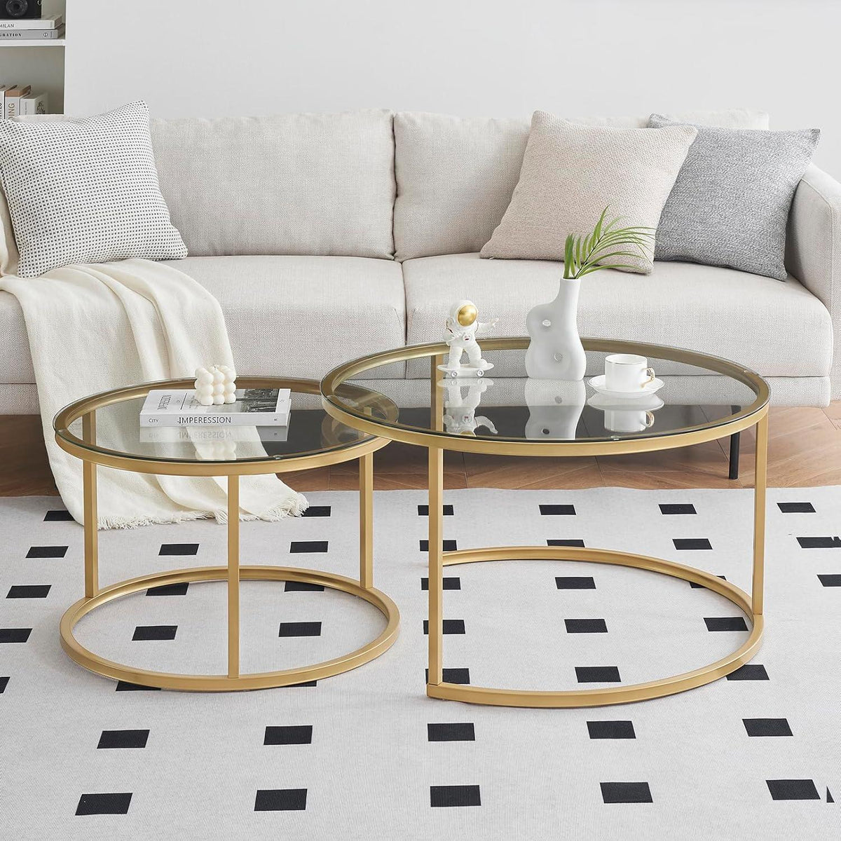 Couchtisch 2er Set Glas mit Gold Metallgestell rund 80x80 & 60x60 cm