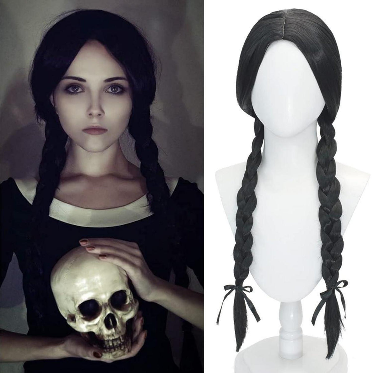 Mittwoch Cosplay Perücke Schwarz Geflochten 30 Zoll