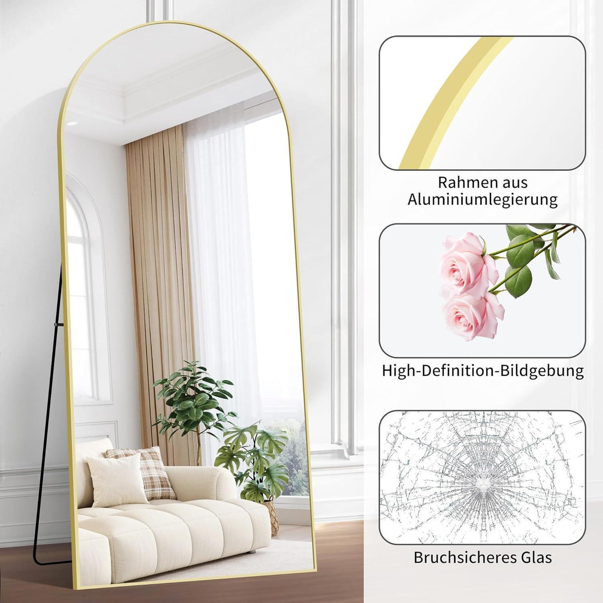Ganzkörperspiegel Bogenförmig 192x85cm mit Goldrahmen – Stand- & Wandspiegel