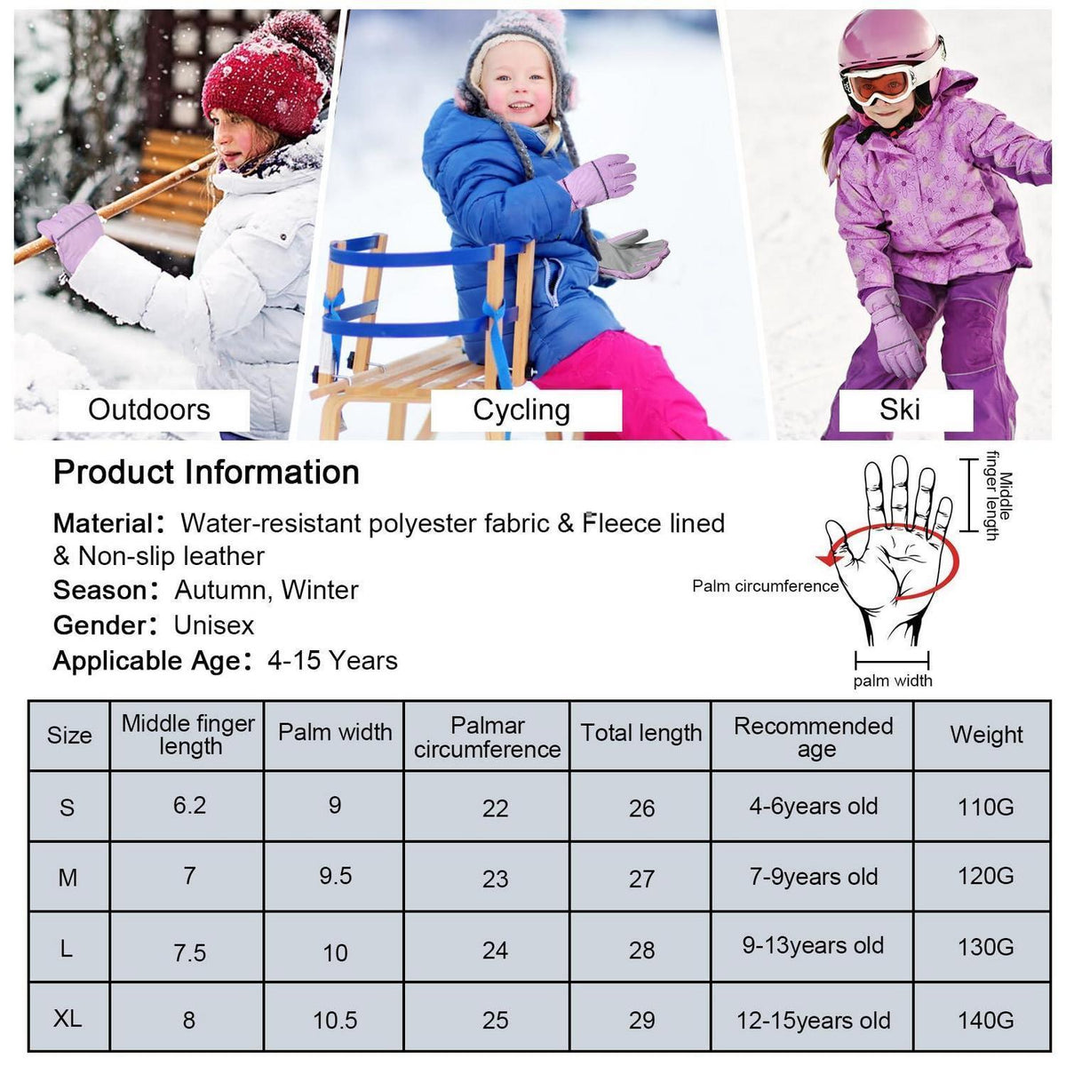 Kinder Skihandschuhe wasserdicht warm für Jungen Mädchen Violett XL