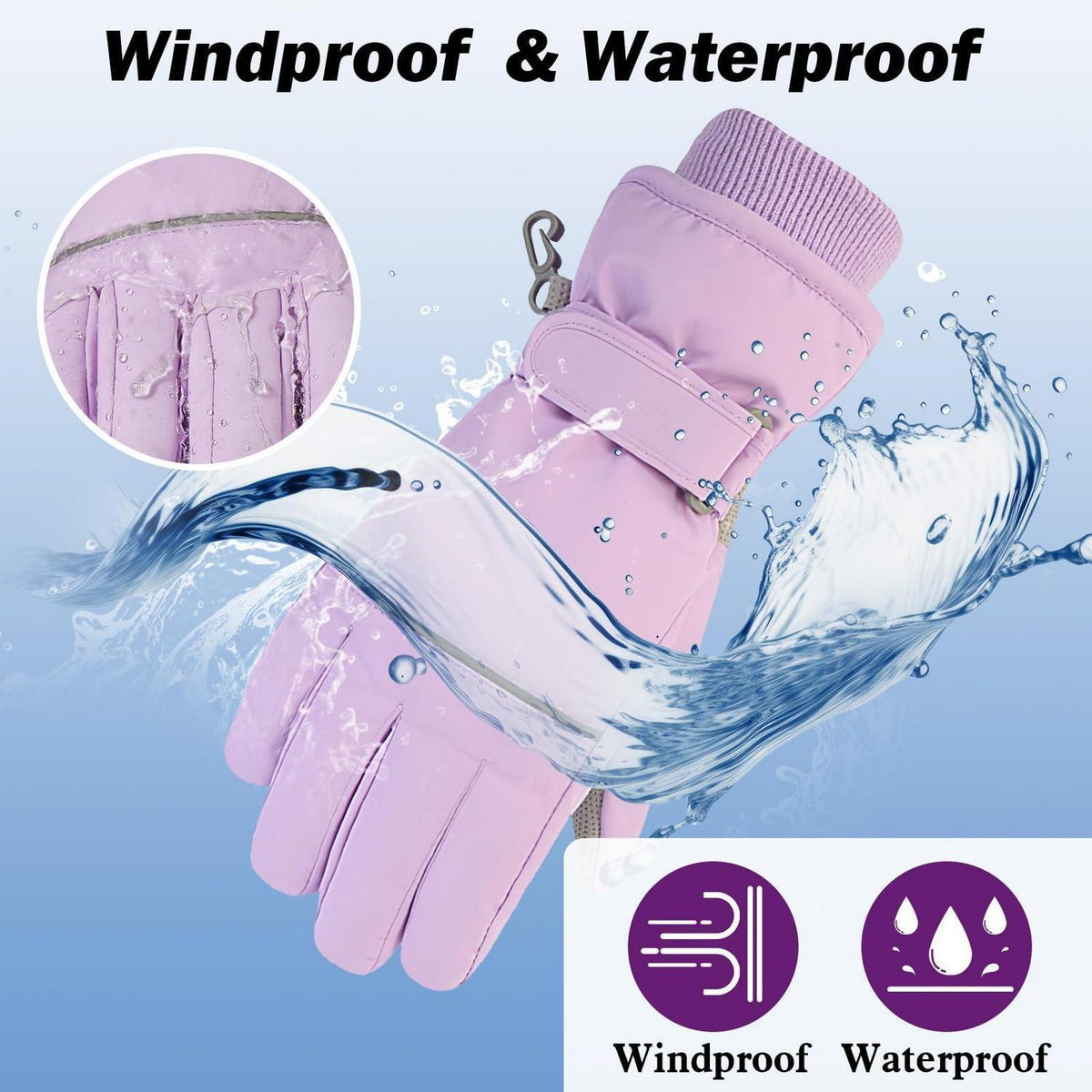 Kinder Skihandschuhe wasserdicht warm für Jungen Mädchen Violett XL