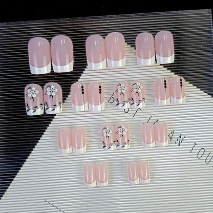 24 Stück Blumen Nägel Aufkleben Weiß Eckig Press on Nails Glossy