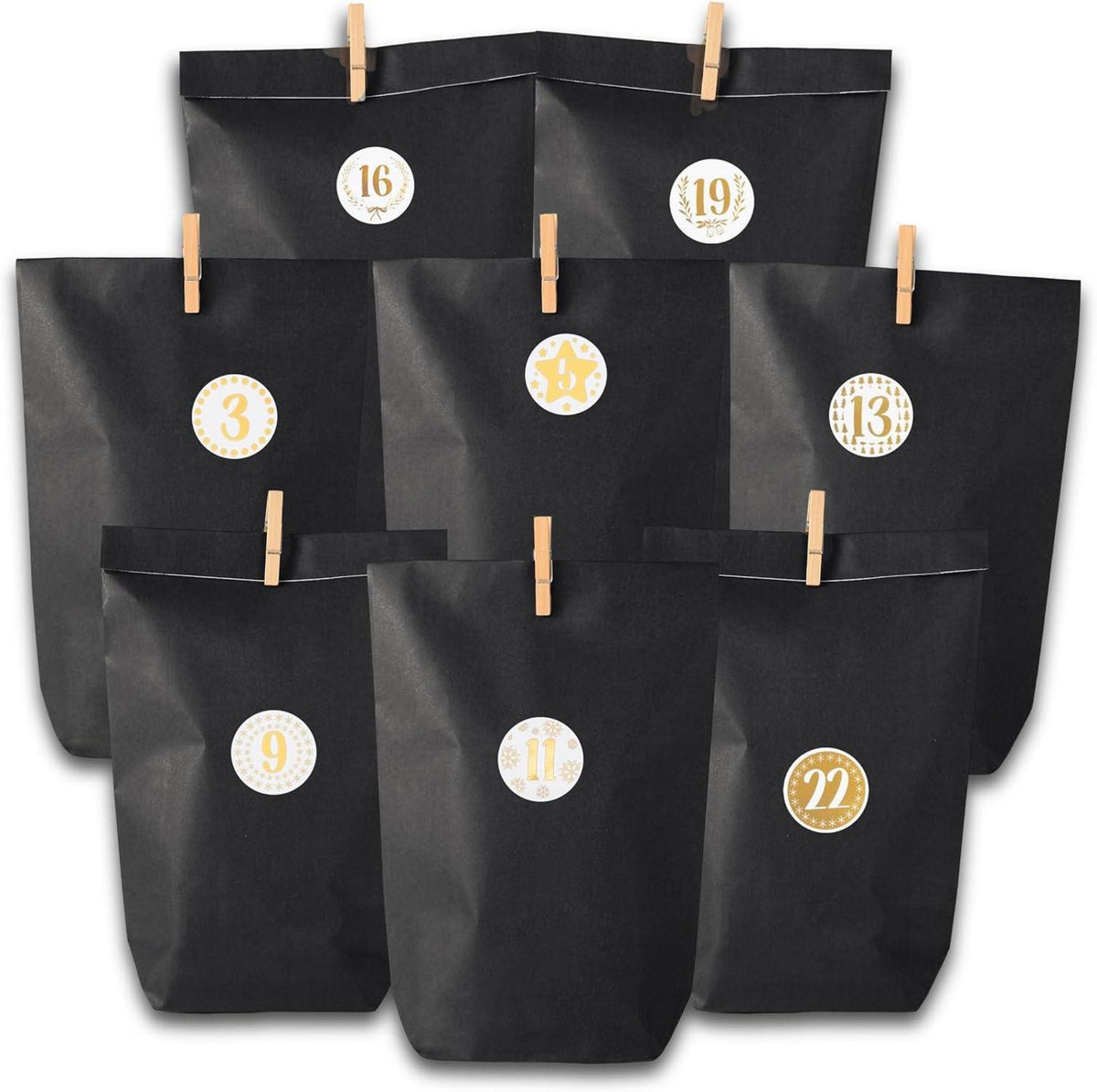 Adventskalender Set Schwarz mit Geschenktüten, Aufklebern & Klammern