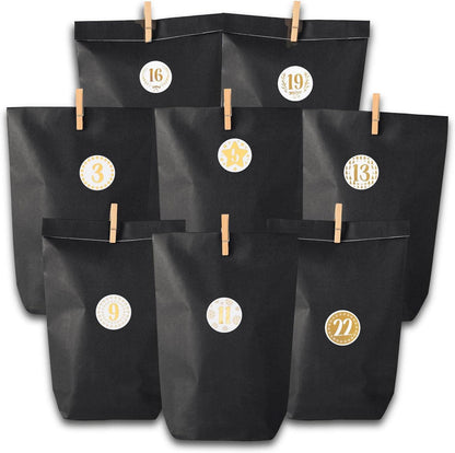 Adventskalender Set Schwarz mit Geschenktüten, Aufklebern & Klammern