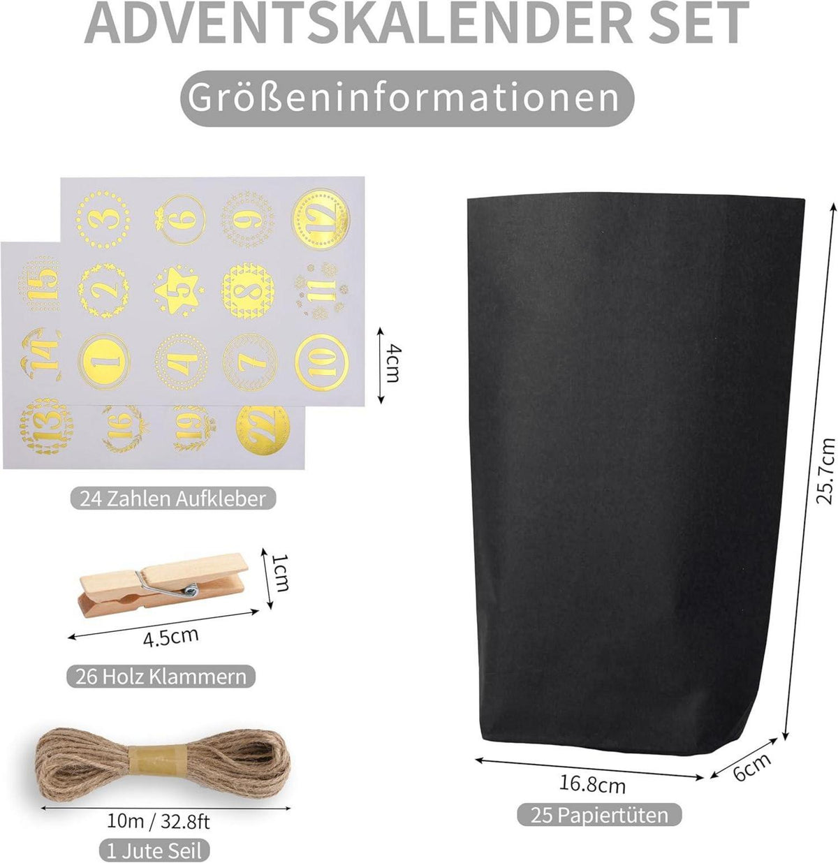 Adventskalender Set Schwarz mit Geschenktüten, Aufklebern & Klammern