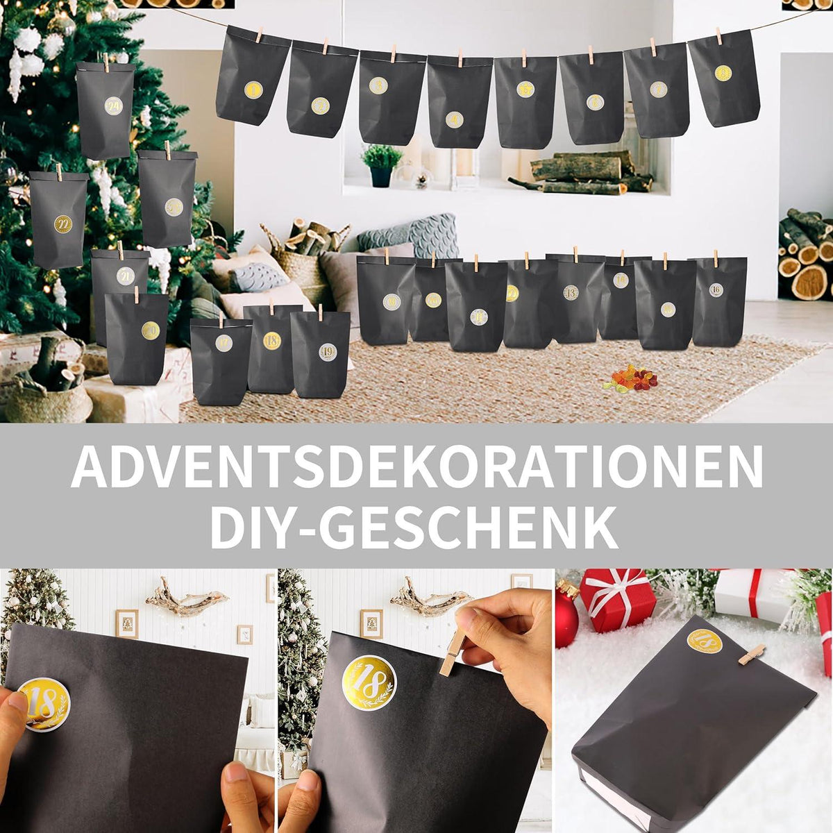 Adventskalender zum Befüllen mit schwarzen Geschenktüten, Zahlenaufklebern und Klammern