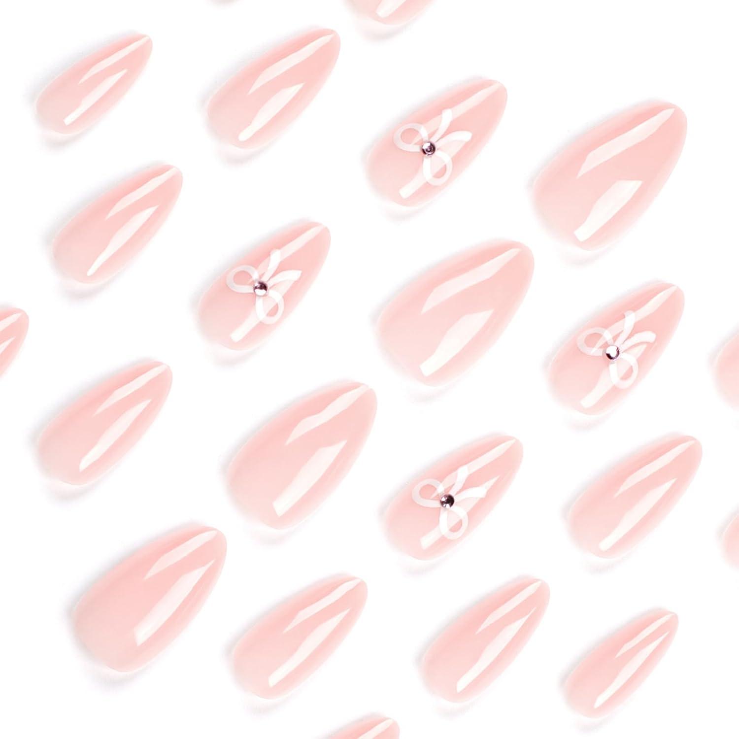 24 Stück Künstliche Nägel Mandel Mittel Rosa Fliege Design