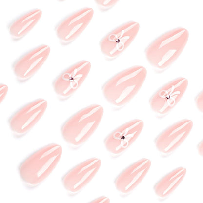 24 Stück Künstliche Nägel Mandel Mittel Rosa Fliege Design