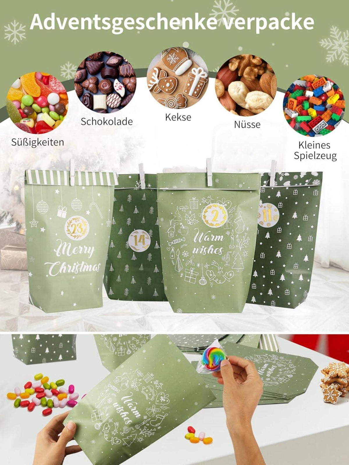 2024 Adventskalender zum Befüllen - DIY Weihnachtstüten Set Grün