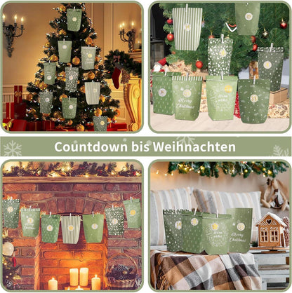 DIY Adventskalender Set 2024 - 28 Papier Weihnachtstüten Grün