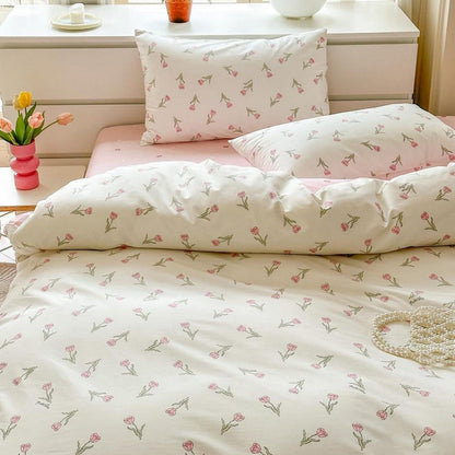 Baumwoll Bettwäsche Set Blumen Weiß Rosa 155x220 cm