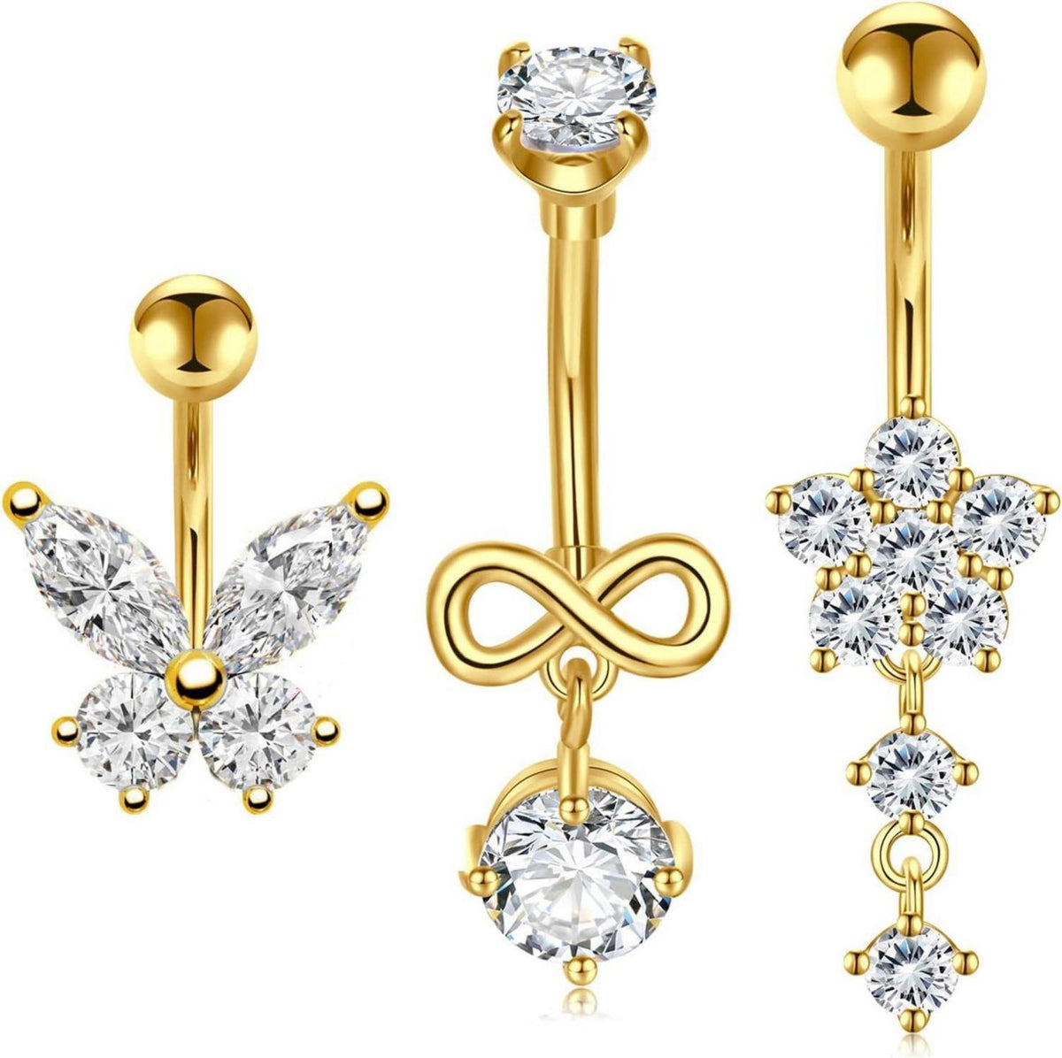 Bauchnabelpiercing Gold Chirurgenstahl Schmetterling Blume CZ