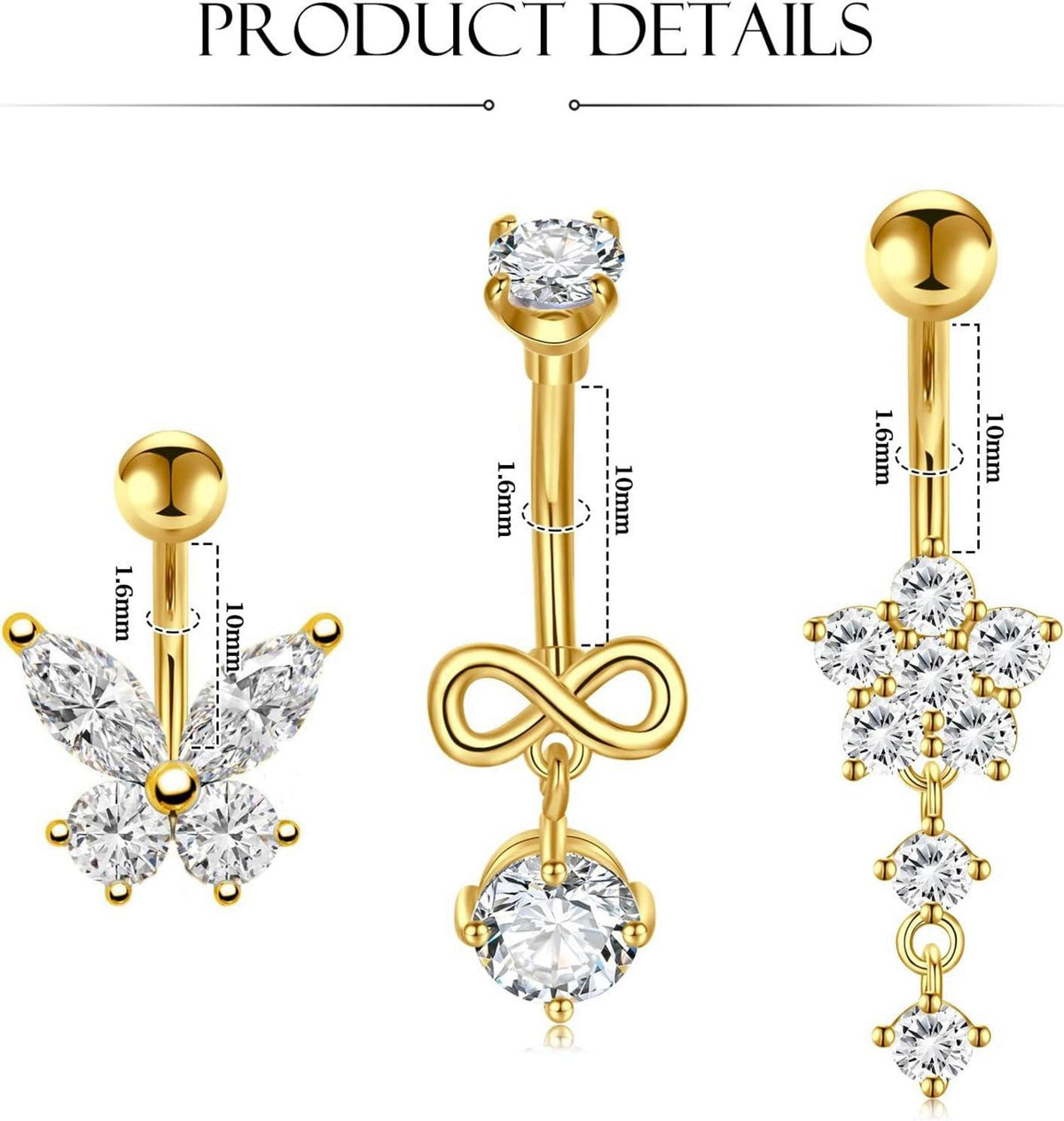 Bauchnabelpiercing Gold Schmetterling CZ Edelstahl 14G 10mm
