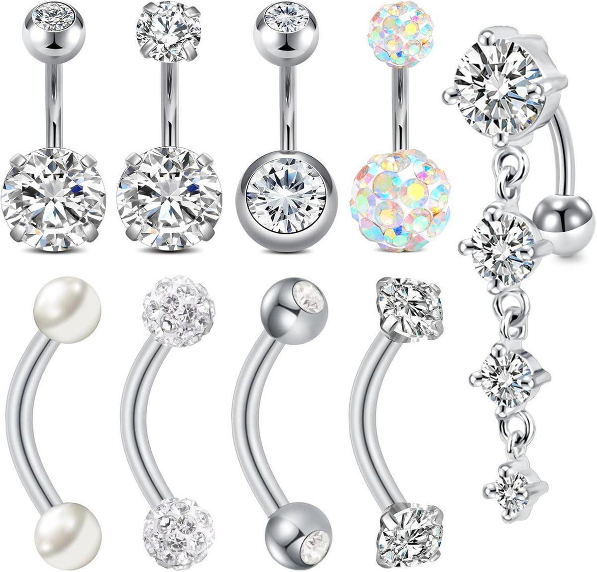 Bauchnabelpiercing 14G Gold Silber CZ 8mm Edelstahl 6mm Stablänge