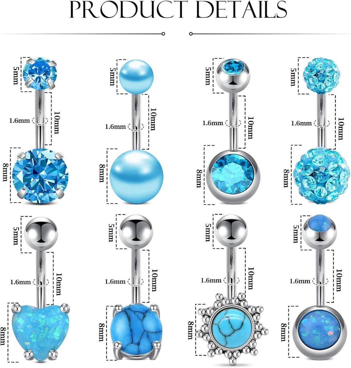 Bauchnabelpiercing Set 8 Stück Edelstahl CZ Stein Herzform